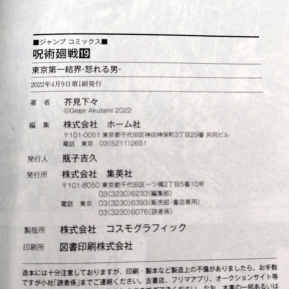 Jujutsu Kaisen 1st Printing Vol 19 First Edition Manga Comic Japanese 2022 Jump